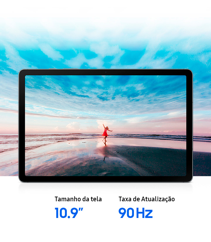 Galaxy Tab S10 Lite exibido horizontalmente mostrando uma imagem vívida de uma mulher de vestido vermelho na praia com os braços estendidos contra um céu azul e o horizonte do oceano, expressando um clima de espírito livre. A cena expansiva se estende além das bordas da tela, destacando a grande tela de 10,9” e a experiência de visualização imersiva que dá vida ao conteúdo. O texto diz Tamanho da tela 10,9”, Taxa de atualização 90 Hz.